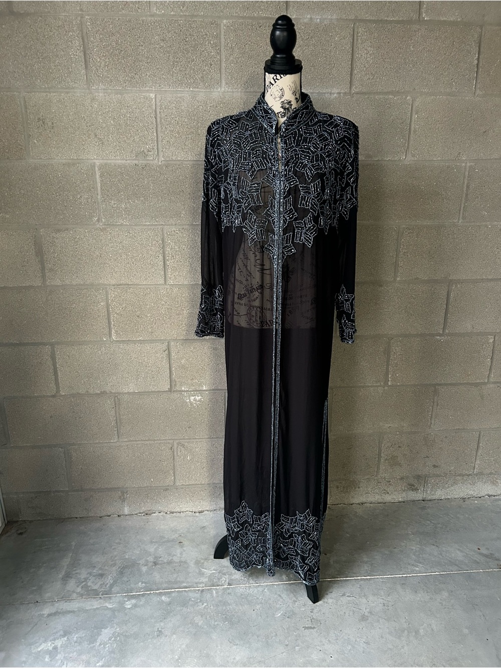 Sheer Black Beaded Duster with Beaded Design NWOT